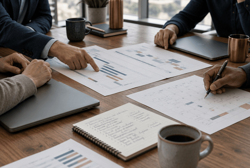 Une séance de cadrage autour d’une table, avec plannings et notes de recrutement.