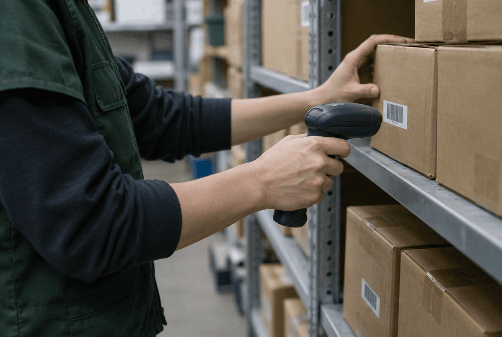 Un employé scanne des cartons dans la réserve d’un magasin.