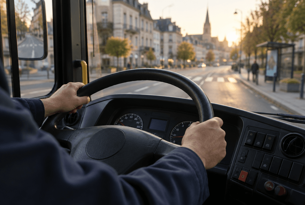 Les mains d’un conducteur sur le volant d’un bus, en ville au petit matin.